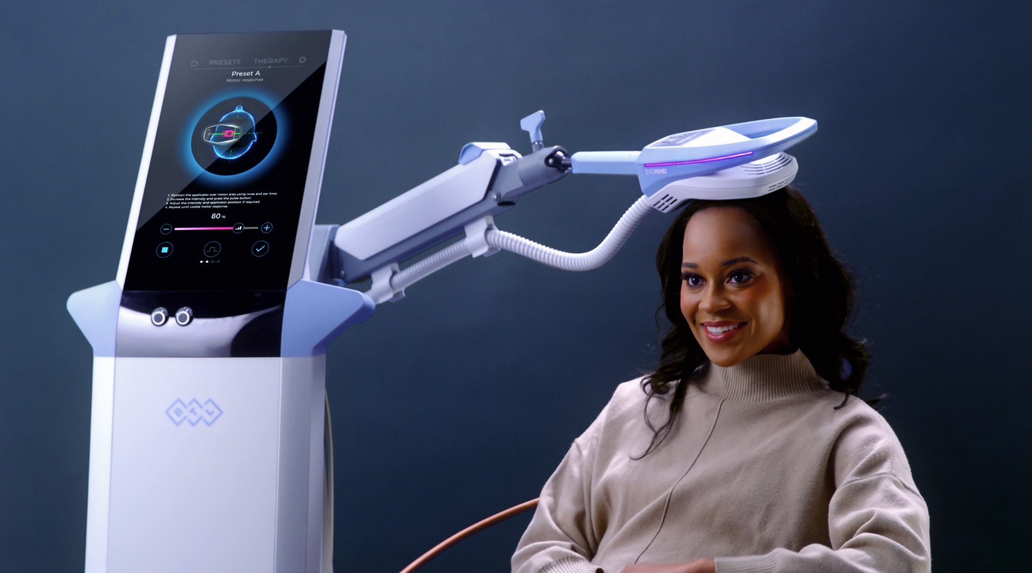 EXOMIND rTMS device positioned during treatment